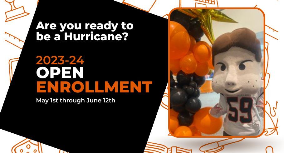 2023-2024 Open Enrollment logo with mascot and balloons
